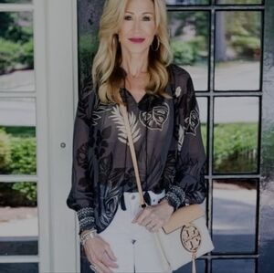 CAbi Aloha Black Semi-Sheer Long Sleeve top Size XS